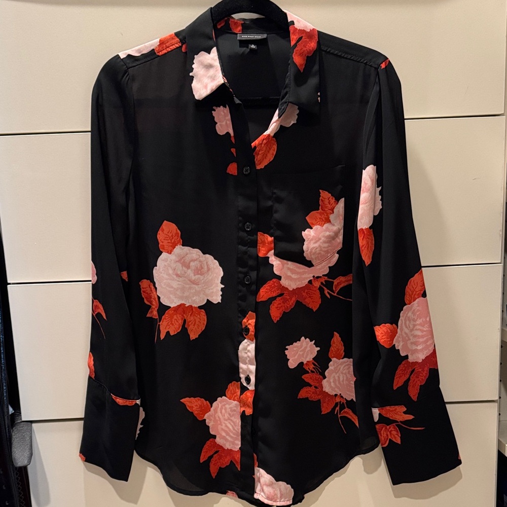 Who What Wear Black Blouse with Pink & Red Floral Print
